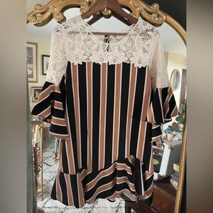 Umgee Striped Ruffle Sleeve Blouse with Lace Shoulders